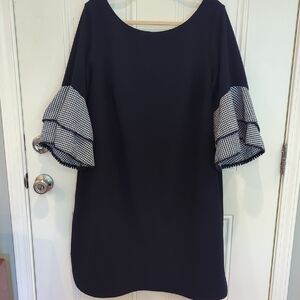 J Howard Elegant Navy Dress with Checkered Sleeves